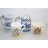 TWO MODERN DELFT TANKARDS AND TWO ROYALTY MUGS
