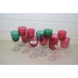 COLLECTION OF 12 VARIOUS CRANBERRY, TURQUOISE AND CLEAR GLASS WINES