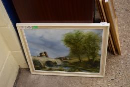 LESLIE LAING, STUDY OF FIGURES ON A RIVER BRIDGE WITH WINDMILL AND COTTAGES, OIL ON BOARD, FRAMED,