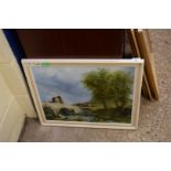 LESLIE LAING, STUDY OF FIGURES ON A RIVER BRIDGE WITH WINDMILL AND COTTAGES, OIL ON BOARD, FRAMED,