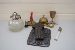 MIXED LOT COMPRISING GLASS OIL LAMP BASE, BRASS BELL, CELTIC STYLE RESIN CRUCIFIX AND SIMILAR