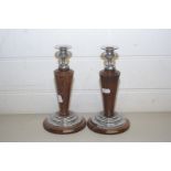 PAIR OF OAK AND CHROME MOUNTED CANDLESTICKS