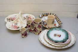 MIXED LOT COMPRISING LARGE FLORAL DECORATED HORS D'OEUVRES DISH, DECORATED PLATES, GRADUATED JUGS