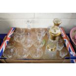 BOX OF MIXED GLASS WARES TO INCLUDE DECANTERS, SUNDAE DISHES, DRINKING GLASSES ETC