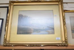 SAM GARRATT, STUDY OF A FISHERMAN IN RIVER, WATERCOLOUR, GILT FRAMED AND GLAZED, 60CM WIDE