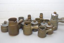 MIXED LOT OF LANGLEY AND OTHER STONEWARE POTTERY ITEMS TO INCLUDE JUGS, TEA POTS, VASES ETC