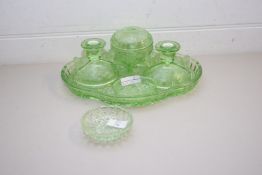 URANIUM GLASS DRESSING TABLE SET AND ACCOMPANYING TRAY PLUS A FURTHER SIMILAR PIN DISH