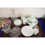 TRAY OF MIXED WARES TO INCLUDE A QUIMPER DOUBLE HANDLED POT, A QUANTITY OF BELL CHINA TEA WARES,