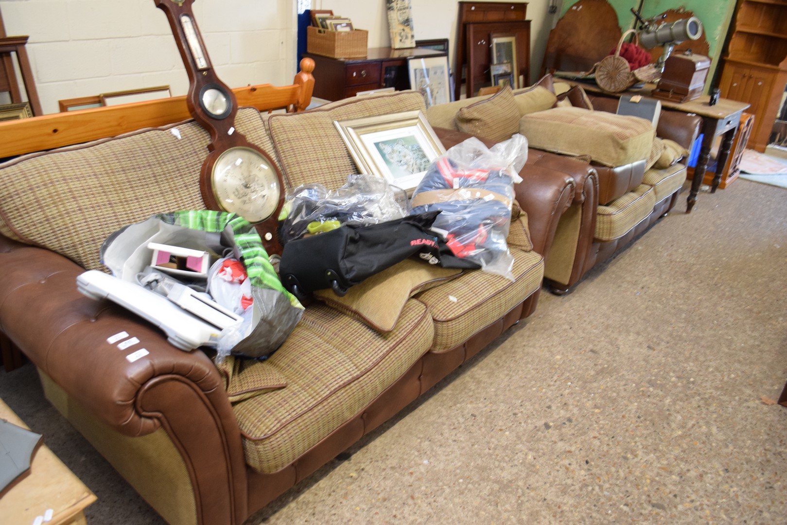 PAIR OF MODERN BROWN LEATHER AND FABRIC COVERED THREE SEATER SOFAS AND ACCOMPANYING FOOT STOOL - Image 2 of 3