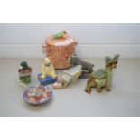 MIXED LOT OF CERAMICS COMPRISING AN IMARI RING TREE, A YARE POTTERY DRAGON, KLOW POTTERY GOAT,