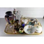 TRAY OF MIXED WARES TO INCLUDE MID-CENTURY ART GLASS VASE, DECORATED PLATES, JAPANESE SATSUMA