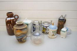 MIXED LOT OF BEER STEINS, SATSUMA VASE, GLASS DECANTER, SADLER TEA POT ETC