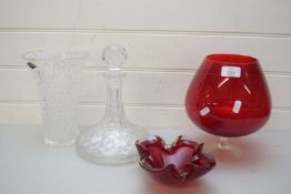 MIXED LOT COMPRISING OVERSIZED RED GLASS BRANDY BALLOON, CUT GLASS VASE, CUT GLASS SHIPS DECANTER