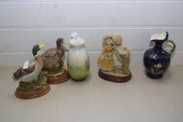 MIXED LOT COMPRISING BALUSTER VASE DECORATED WITH BUDGERIGARS, PAIR OF MARKAY POTTERY DUCKS, ART