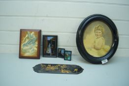 MIXED LOT OF SMALL BUTTERFLY WING PICTURES, A LACQUERED JAPANNED FINISH DOOR PLATE, AN OVAL FRAMED