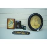 MIXED LOT OF SMALL BUTTERFLY WING PICTURES, A LACQUERED JAPANNED FINISH DOOR PLATE, AN OVAL FRAMED