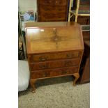 WALNUT VENEERED BUREAU WITH FALL FRONT, FITTED INTERIOR AND THREE DRAWER BASE, 76CM WIDE