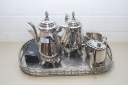 SILVER PLATED SERVING TRAY CONTAINING VARIOUS SILVER PLATED TEA WARES, SILVER PLATED NAPKIN RINGS