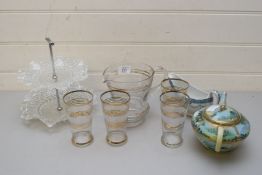 EARLY 20TH CENTURY CLEAR AND GILT DECORATED GLASS DRESSING TABLE SET TOGETHER WITH CAKE STAND, TEA