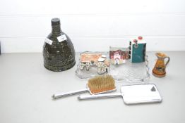 MIXED LOT COMPRISING GLASS DRESSING TABLE TRAY WITH BRUSH AND MIRROR, A WADE DECANTER, MINIATURE