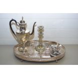 SILVER PLATED GALLERIED SERVING TRAY CONTAINING SILVER PLATED COFFEE POT, CANDLESTICKS, SAUCE