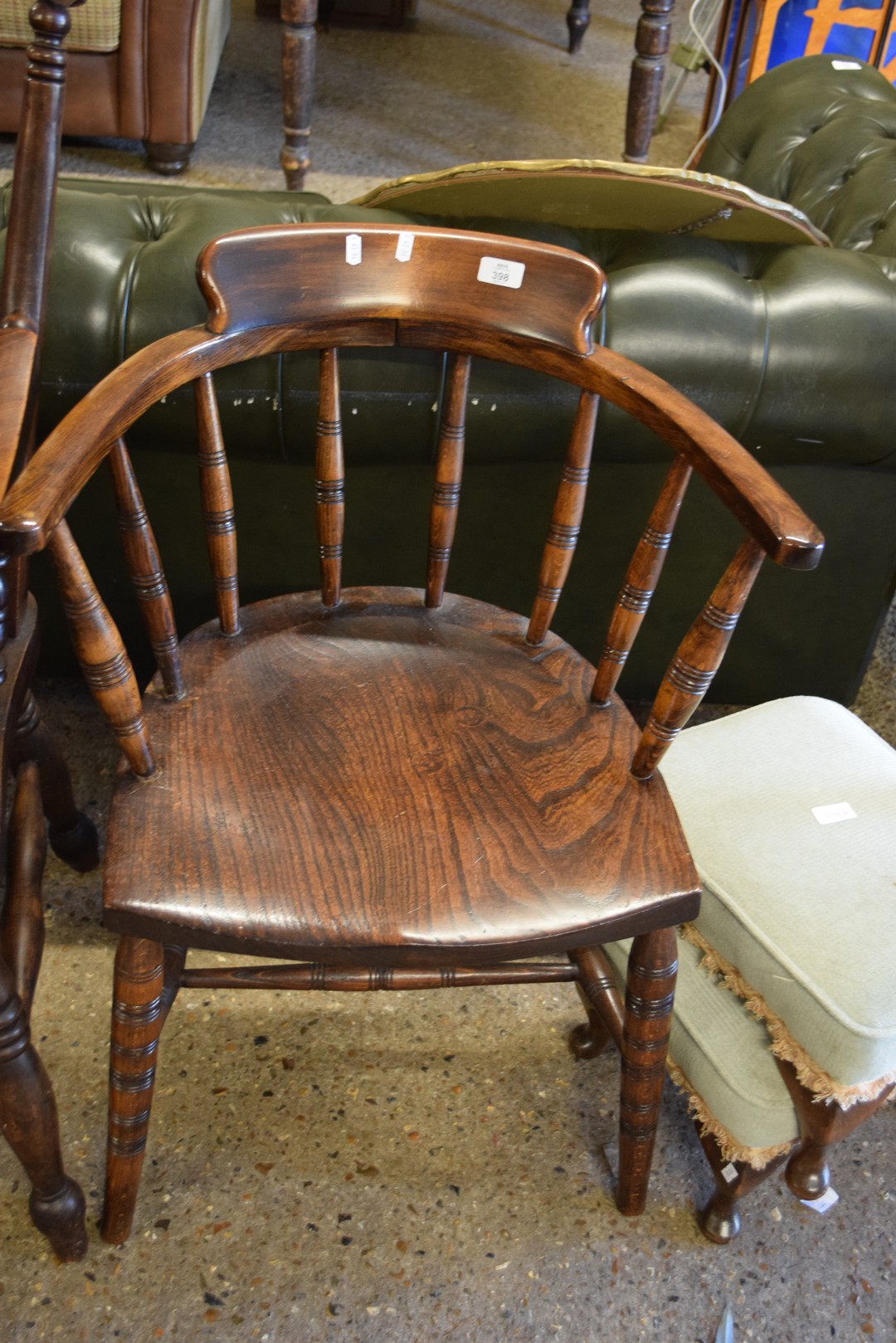 LATE VICTORIAN BEECH AND ELM CAPTAINS CHAIR WITH BOWED BACK, 58CM WIDE