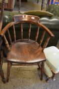 LATE VICTORIAN BEECH AND ELM CAPTAINS CHAIR WITH BOWED BACK, 58CM WIDE