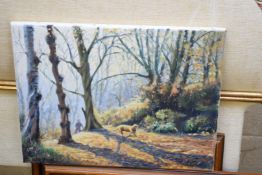 KENNETH GRANT, OPENING WOODLAND WITH A DOG CARRYING A BRANCH, OIL ON CANVAS, SIGNED