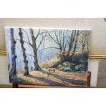 KENNETH GRANT, OPENING WOODLAND WITH A DOG CARRYING A BRANCH, OIL ON CANVAS, SIGNED