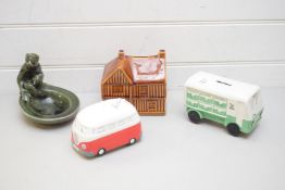 TWO NOVELTY BOXES, ONE FORMED AS A MILK FLOAT, THE OTHER AS A VW CAMPERVAN AND A FURTHER HOLKHAM