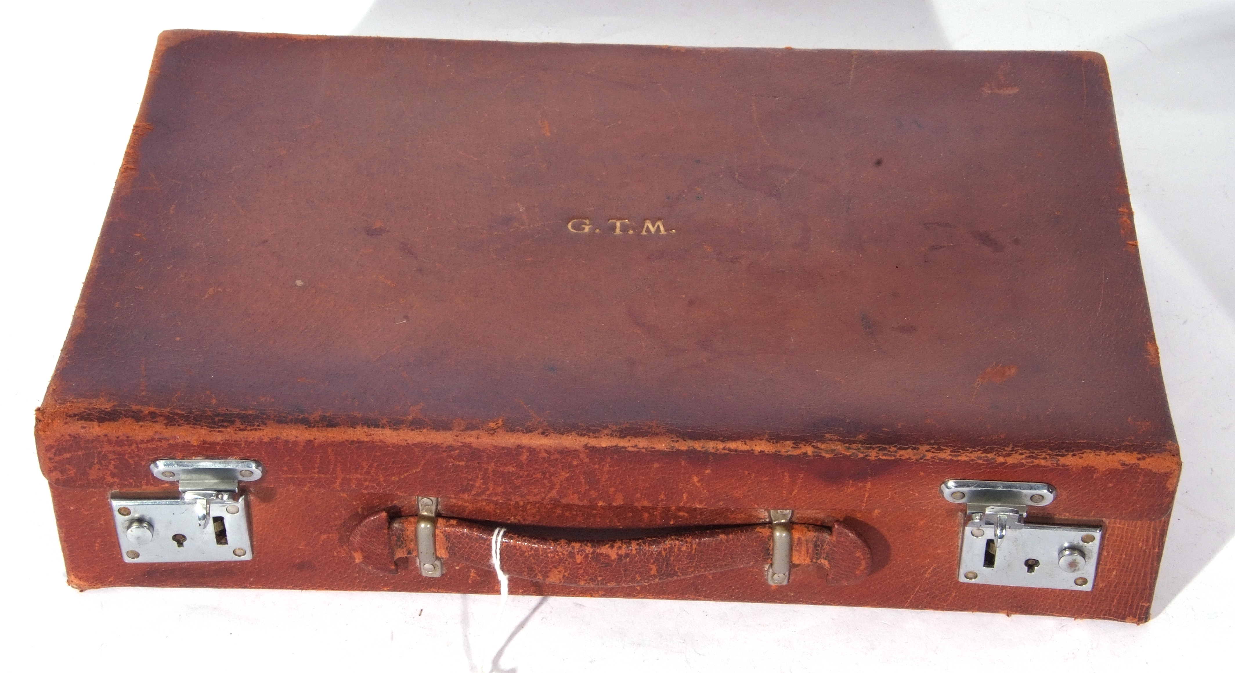 George V brown leather vanity case containing a selection of silver topped clear glass jars and - Image 4 of 4