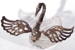 20th century silver mounted and cut glass pin dish formed as a swan with articulated wings, wing