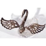 20th century silver mounted and cut glass pin dish formed as a swan with articulated wings, wing