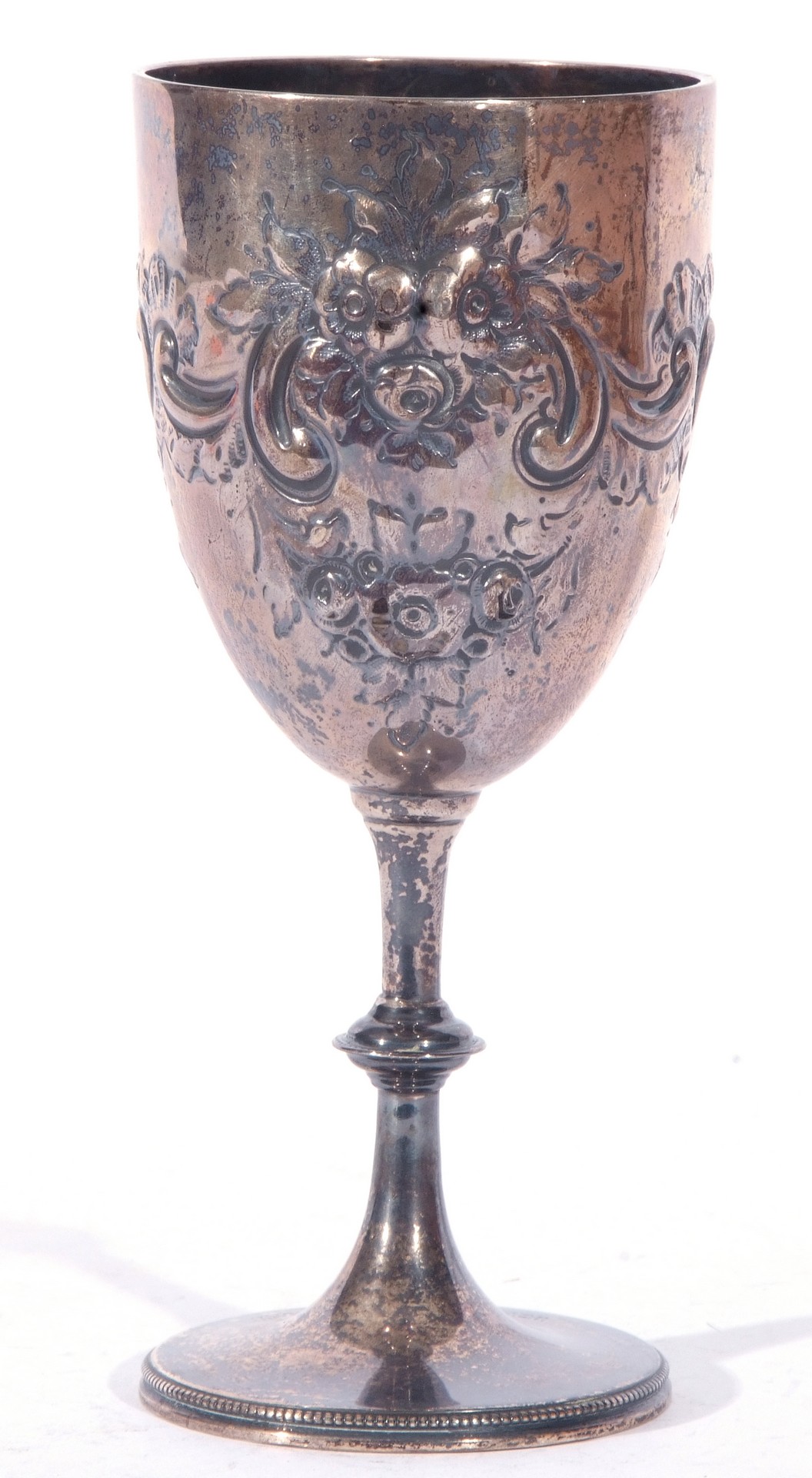 Late 19th or early 20th century silver goblet decorated with floral detail, the cartouche engraved