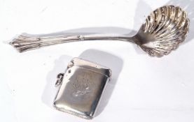Mixed Lot comprising a late Victorian silver sifting spoon with shell formed bowl, London 1899,