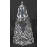 Elizabeth II cut clear glass and silver lidded sugar sifter, the lid marked Sheffield 1961, 15cm