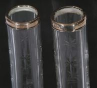 Pair of Edward VII cut clear glass stem vases with silver collars, one bearing hallmark for 1908,