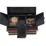 Small metal cash tin containing various coinage to include a Victorian crown, 1890; a George VI