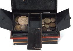 Small metal cash tin containing various coinage to include a Victorian crown, 1890; a George VI