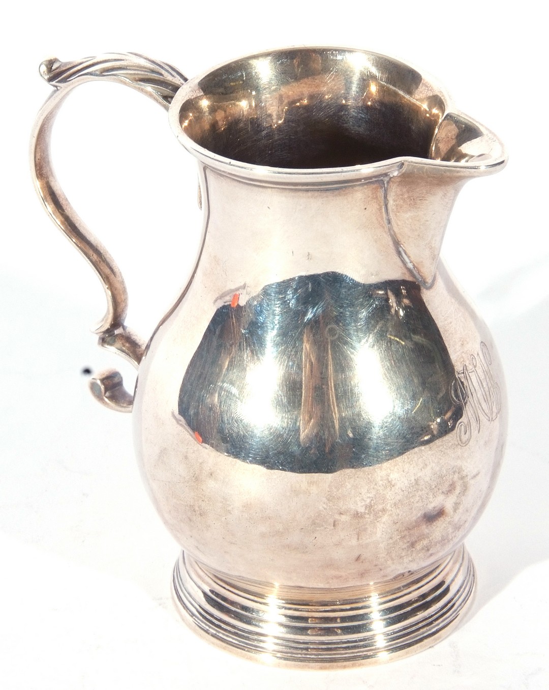 George III silver sparrowbeak cream jug, the baluster body with a scrolled handle over a ribbed - Image 2 of 5