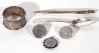 Mixed Lot comprising a George III tea spoon with bright cut decoration, hallmarked for Chester,