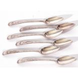 Set of six George III silver Old English pattern tea spoons, each with bright cut decoration and