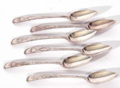 Set of six George III silver Old English pattern tea spoons, each with bright cut decoration and