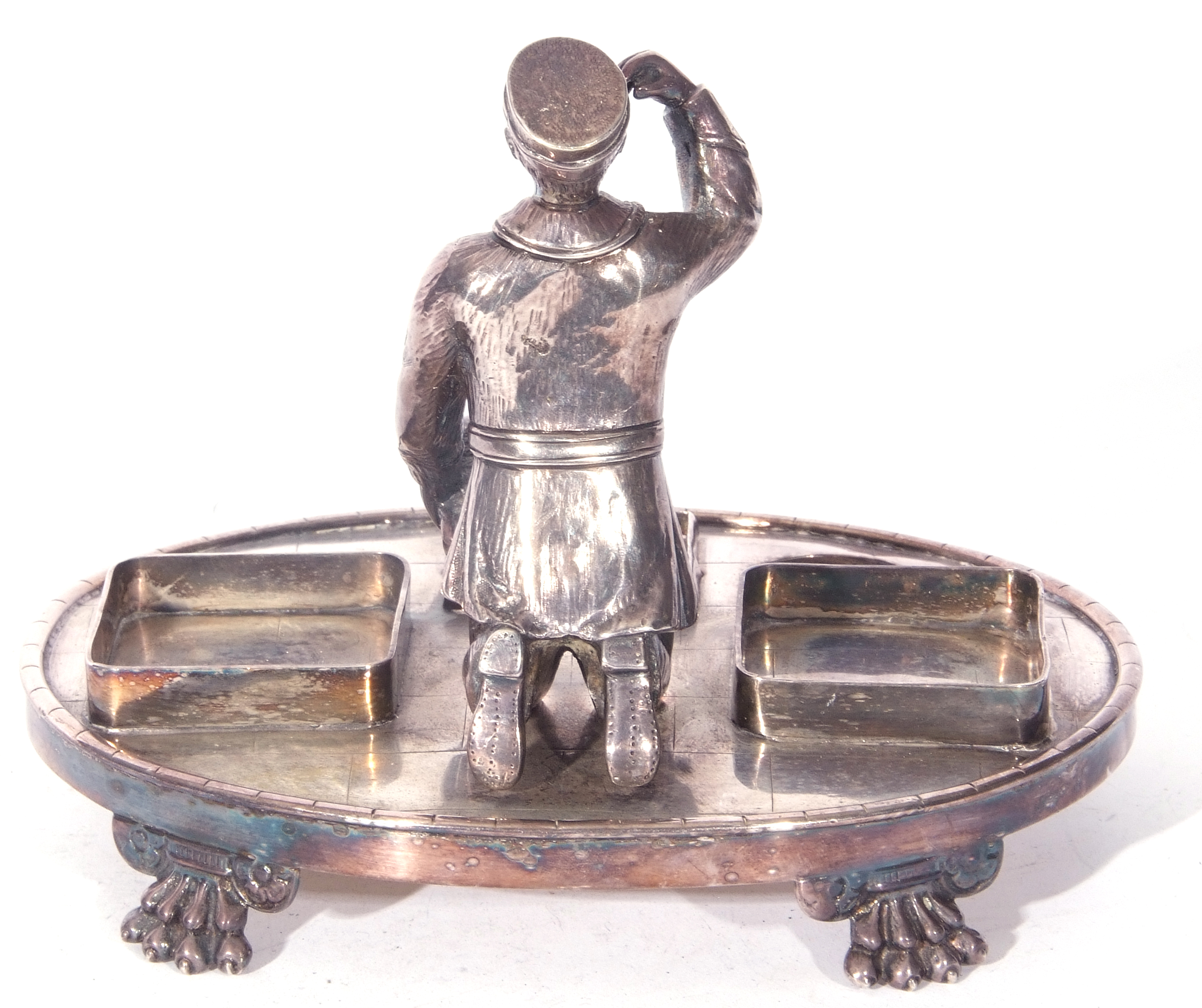 Unusual Victorian silver plated desk stand mounted with a figure of a shoeshine boy set on an oval - Image 3 of 3