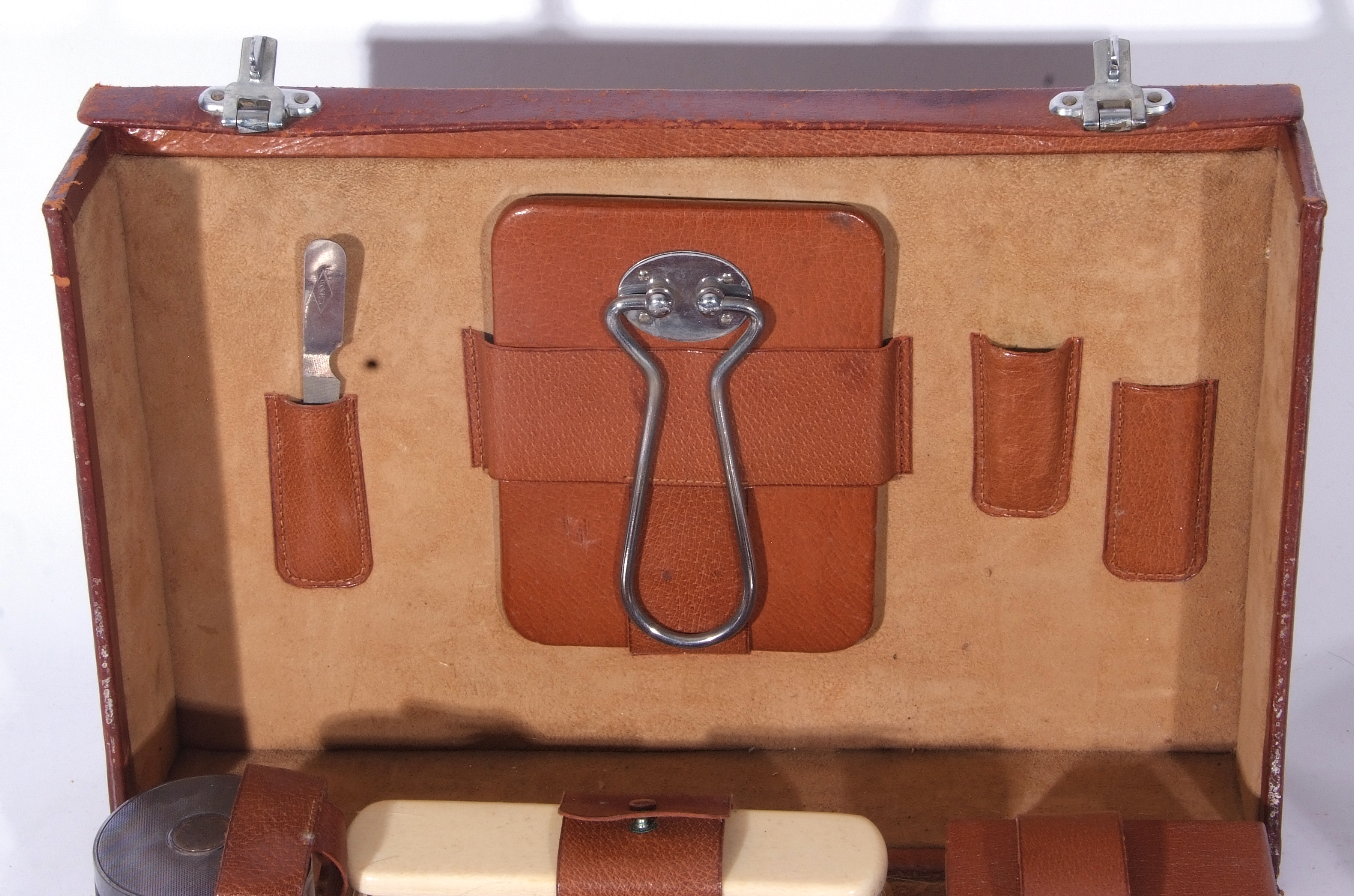 George V brown leather vanity case containing a selection of silver topped clear glass jars and - Image 2 of 4