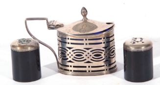 Mixed Lot comprising Edward VII silver mustard pot of oval hinged form with pierced side and blue