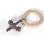 Victorian silver and mother of pearl mounted baby's combination rattle fitted with two bells and a