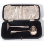 George V silver baby's presentation christening set of a food pusher and baby's spoon set in a black