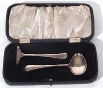 George V silver baby's presentation christening set of a food pusher and baby's spoon set in a black