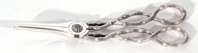 Pair of Victorian silver grape shears, the cast handles entwined vine tendrils, blades are plain